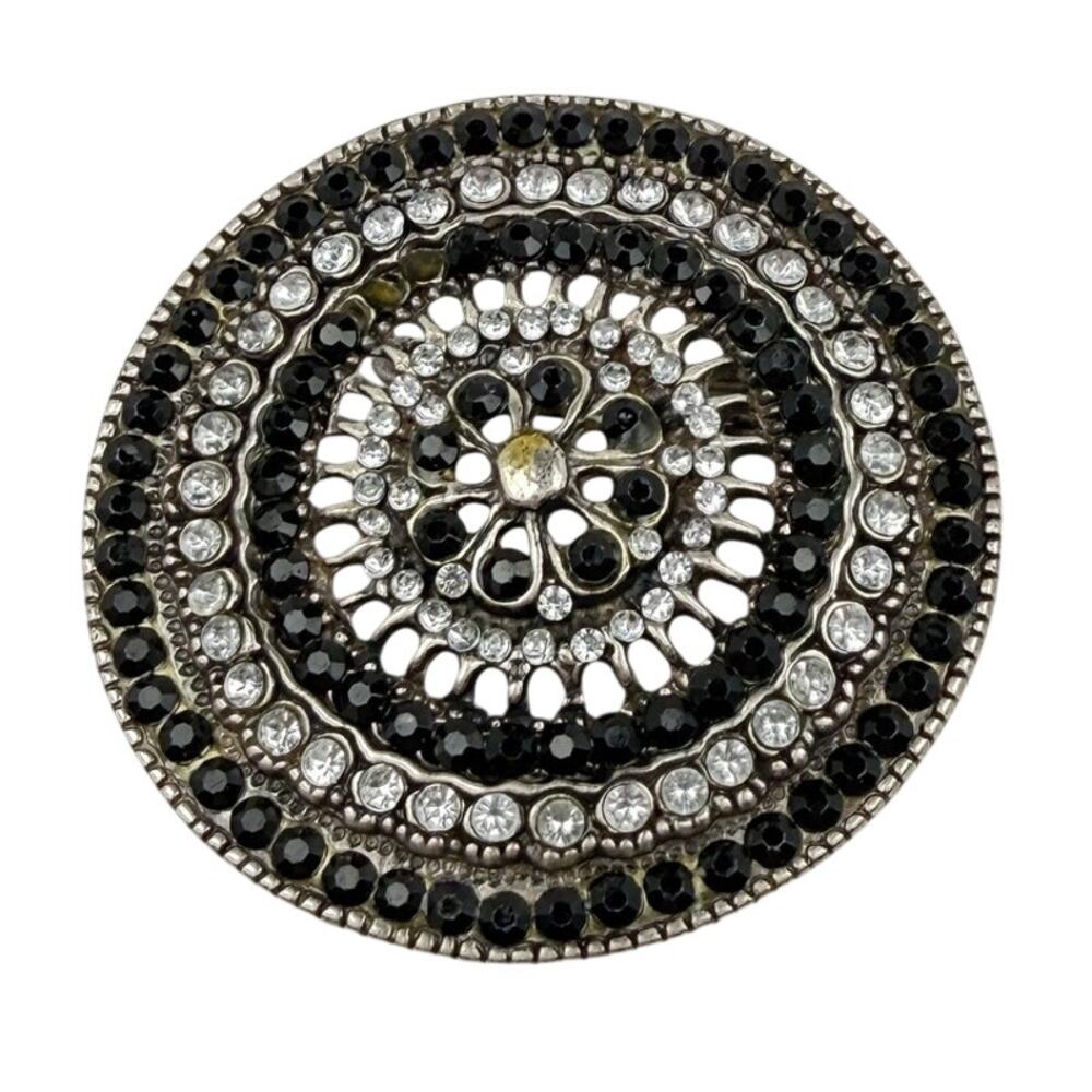 Y2K Rhinestone Belt Buckle Round Black Clear Crystal Bling Western